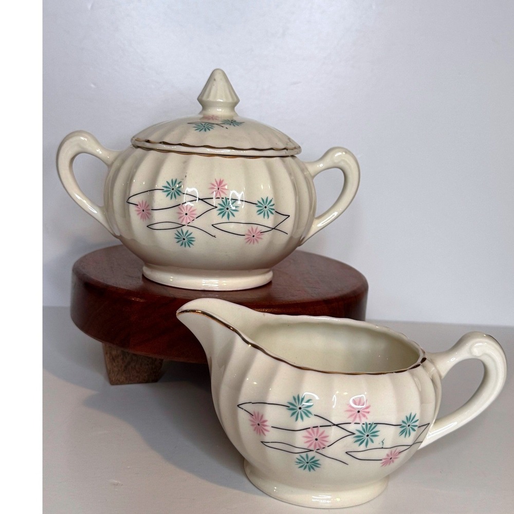 Vintage Atomic Starburst Creamer Sugar Set MCM Pink Blue Floral Gold Trim